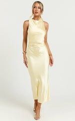 Aluna Midi Dress High Neck Cross Back Satin Slip Dress in Lemon
