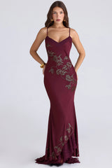 plum hand beaded embellished satin maxi gown limited edition
