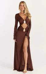 Sahara Maxi Dress Long Sleeve Cut Out Gold Trim Dress in Chocolate