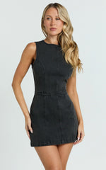 Olenna Mini Dress High Neck Fitted Denim Dress in Washed Black