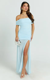 Leticia Maxi Dress Mesh Off Shoulder Ruched High Split Dress in Blue