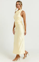 Aluna Midi Dress High Neck Cross Back Satin Slip Dress in Lemon