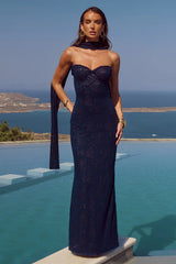 AMANA STRAPLESS SCARF MAXI DRESS NAVY