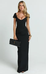 Veronika Maxi Dress Off Shoulder Plunge High Split Dress in Black