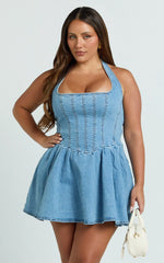 Hayes Mini Dress Halter Neck Corset Bodice Dress in Mid Blue Wash