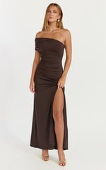Opal Maxi Dress Off Shoulder Gathered Bodice Fit And Flare Dress in Dark Chocolate