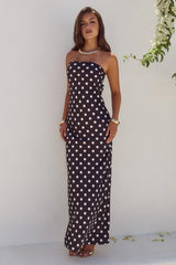 CELESTE STRAPLESS MAXI DRESS BLACK WHITE POLKA