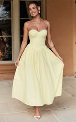Daria Midi Dress Strapless Corset Gathered Dress in Lemon