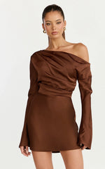 Sienna Mini Dress Tipped Shoulder Long Sleeve Dress in Chocolate