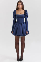midnight satin puff sleeve mini dress sale
