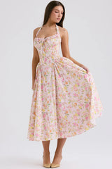 pink meadow print cotton halter midi sundress