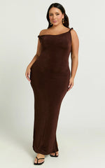 Isabel Midi Dress Twist Off Shoulder Bodycon Dress in Chocolate
