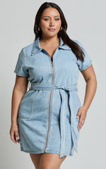 Nandini Mini Dress Zip Through Denim Dress in Light Blue Wash
