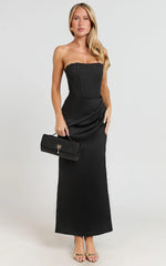 Avery Midi Dress Strapless Draped Side Split Dress in Black