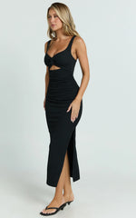 Bianca Midi Dress Twist Front Cut Out Ruched Dress in Black