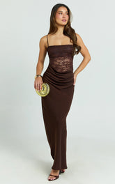 Rania Maxi Dress Contrast Lace Bodice Bias Cowl Drop Waist Dress in Chocolate