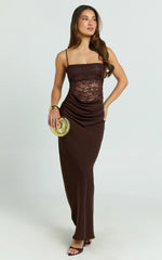 Rania Maxi Dress Contrast Lace Bodice Bias Cowl Drop Waist Dress in Chocolate