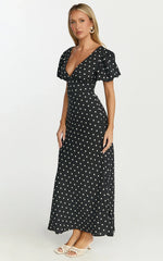 Elise Midi Dress V Neck Puff Sleeve Dress in Black Polka