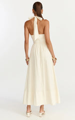 Everly Midi Dress Tie Halter Neck Button Down Bodice Fit And Flare Dress in Cream