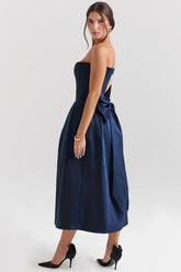 midnight blue strapless detachable bow midi dress