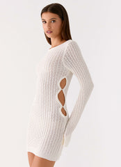 Zenzi Long Sleeve Crochet Mini Dress White
