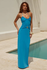 NINA RUCHED HALTER MAXI DRESS OCEAN