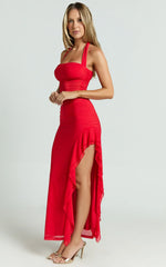 Almarie Midi Dress Halter Neck Mesh Dress in Red