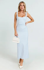 Benita Midi Dress Scoop Neck Ruched Fitted Dress in Blue