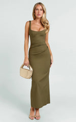 Benita Midi Dress Scoop Neck Ruched Fitted Dress in Olive