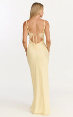 Kyra Maxi Dress Lace Bust And Tie Back Satin Dress in Lemon