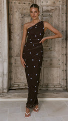 Cataleya Maxi Dress Brown Blue Polka Dot