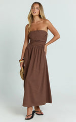 Polly Midi Dress Strapless Ruched Dress in Chocolate