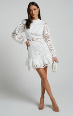 Kiss Me Now Mini Dress Long Puff Sleeve Dress in White Lace