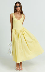 Beckett Midi Dress Scoop Neck Drop V Waist Gathered Skirt Dress in Butter Yellow