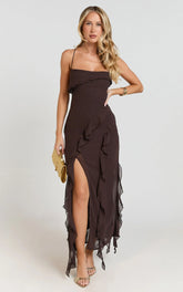 Connie Midi Dress Ruffle Detail Dress in Chocolate