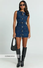 Stephanie Mini Dress Scoop Neck Pocket Detail Recycled Denim Dress in Indigo Wash