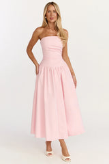 Louisa Maxi Dress Strapless Side Ruched Dropped Waist Fit And Flare Dress in Pink