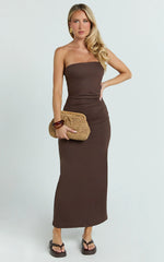 Natasha Midi Dress Strapless Ruched Column Dress in Chocolate