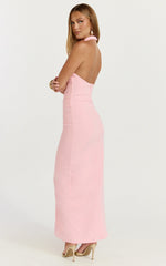 Lani Midi Dress Scooped Neckline Draped Skirt Halter Dress in Pink