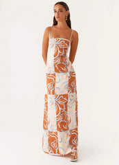 Aster Bloom Maxi Dress Orange Blue Floral