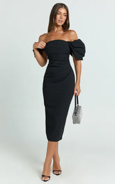 Lohan Midi Dress Off Shoulder Puff Sleeve in Black