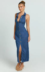 Olga Midi Dress Denim Collared Button Down Bodycon Dress in Mid Blue Wash