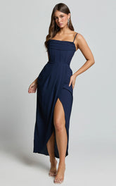 Andrina Midi Dress High Low Wrap Corset Dress in Navy