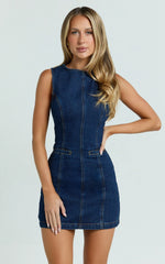 Olenna Mini Dress High Neck Fitted Denim Dress in Indigo Wash