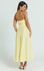 Daria Midi Dress Strapless Corset Gathered Dress in Lemon