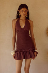 FLEUR SHIRRED HALTER MINI DRESSS CHOCOLATE