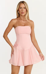 Penny Mini Dress Strapless Corset Bodice Floral Embellished Godet Dress in Soft Pink