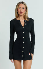 Celia Mini Dress High Neck Square Shoulder Button Front Ruche Waist Knit Dress in Black