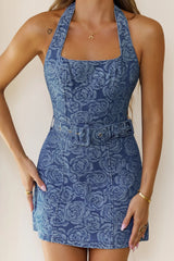 Understated Icon Denim Halter Mini Dress Blue