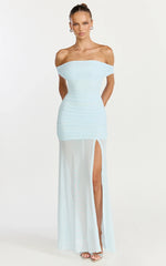 Leticia Maxi Dress Mesh Off Shoulder Ruched High Split Dress in Blue